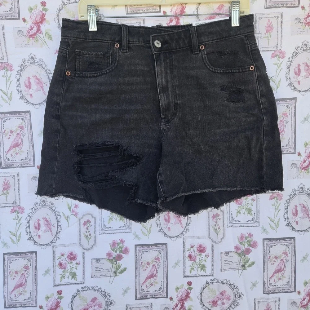 American Eagle Denim Shorts Women's Size 10 Black Highest Rise Baggy Short NWT